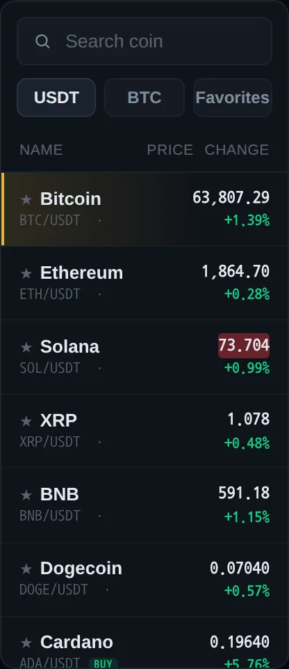코인 목록 — 검색창, USDT·BTC 탭, 비트코인·이더리움·솔라나 등의 행.